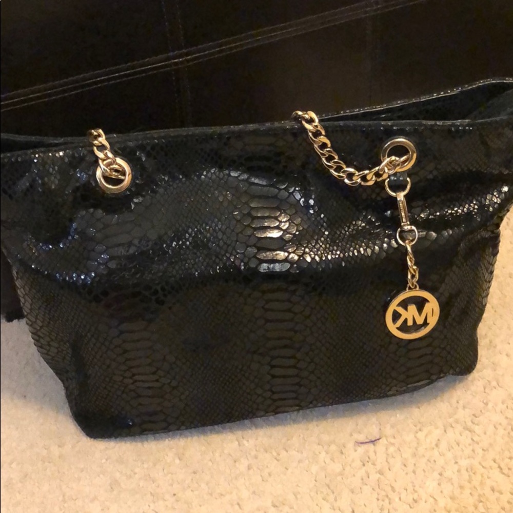 Michael Kors Black Snake-Embossed Tote with Gold Chain